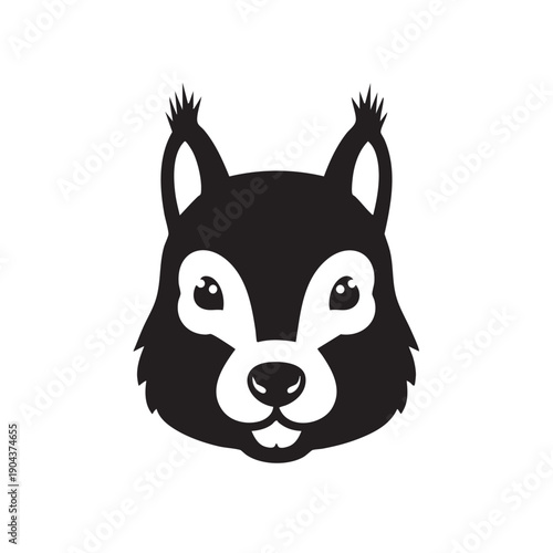 Stylized black and white vector illustration of a squirrel's face with large eyes and bushy ears