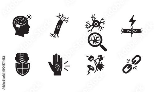Neurology and Nerve Damage Icon Set: Peripheral Neuropathy, Spinal Cord Health, Brain Function, and Neural Network Vector Symbols
