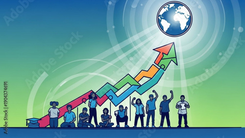 People standing on a rising arrow graph with the earth above symbolizing global growth and teamwork