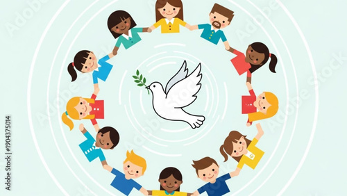 Children holding hands in circle around a dove symbolizing peace and unity in a colorful illustration