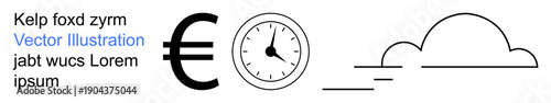 Time management, currency, efficiency, motion, finance, globalization. Euro symbol, an analog clock and a cloud with lines suggesting movement. Time management and currency concept