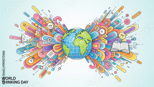 Vibrant world thinking day illustration with colorful symbols and globe on light blue background