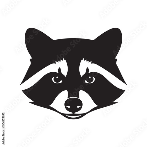 Stylized black and white graphic of a raccoon's face with distinctive mask and white markings around eyes, vector art