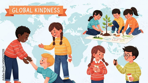 Diverse children showing global kindness and helping each other with a world map background