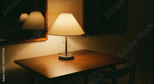 Warm lamplight on a wooden table in a dimly lit room