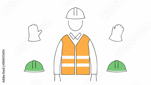 Illustration of a construction worker with safety gear including helmet vest and gloves shown around him on transparent background silhouette