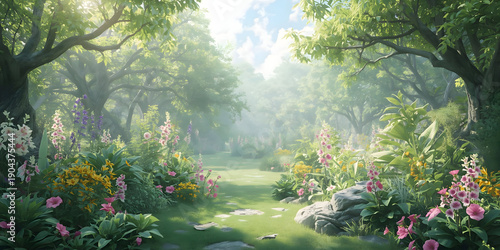 Lucky green garden landscape with peaceful atmosphere featuring blooming flower plants trees and sunbeam providing perfect copy space for nature background design concepts and fantasy art projects