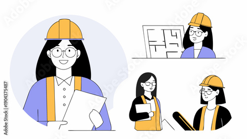 Various depictions of a female engineer wearing a hard hat and holding documents or blueprints shown on transparent background silhouette