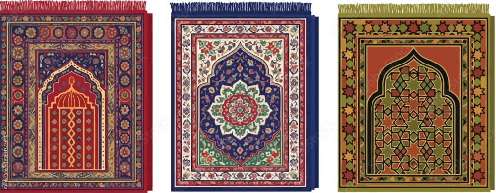 Obraz premium Three intricately patterned prayer rugs featuring distinct colors and traditional Islamic arch designs are displayed side by.