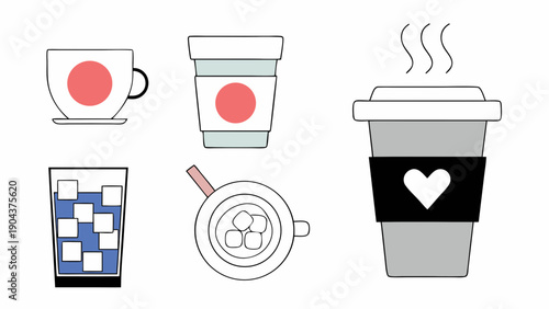Illustration of five different beverages including hot coffee, iced coffee, and a glass of ice water on transparent background silhouette
