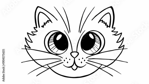 A cartoon cat face with large eyes whiskers and a small nose drawn in black and white outline style on transparent background silhouette