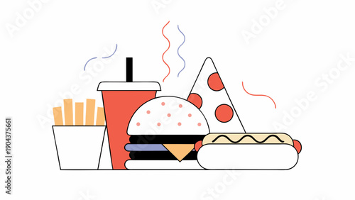A colorful illustration of fast food items including a burger, fries, pizza, hotdog, and soda drink on transparent background silhouette