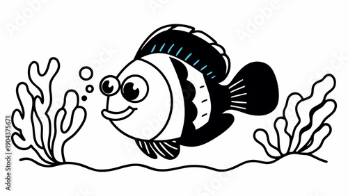 Illustration of a cartoon fish with seaweed and bubbles in black and white line art style aquatic scene on transparent background silhouette