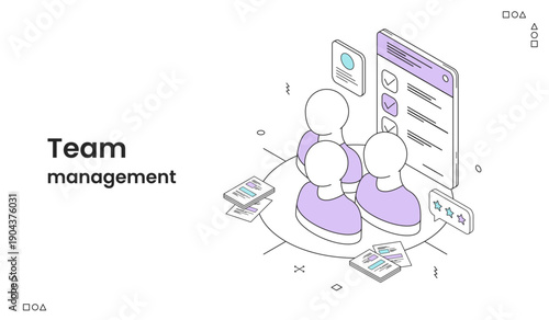 Team Management Concept, Isometric Illustration of Stylized Avatars with a Digital Checklist and Feedback Interface for Business Organization