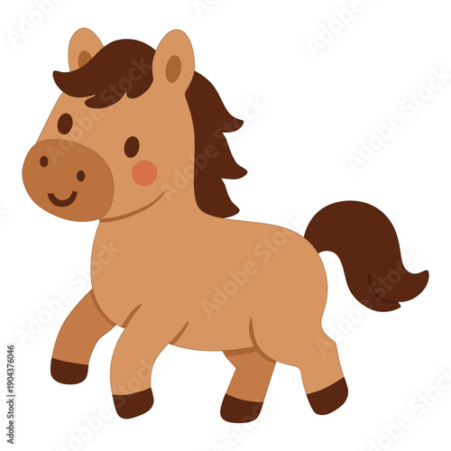 A cheerful cartoon horse with light brown body, darker mane and tail, rosy cheeks, and playful prancing pose, perfect for kids’ books or fun educational designs.