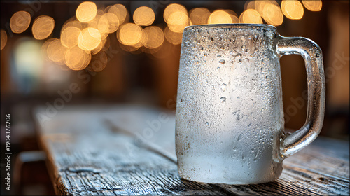hops. A frosted beer mug with condensation droplets resting on a rustic wooden table in warm pub lighting. bar promotions, beverage menus, designed for food & beverage menus and cafe branding.