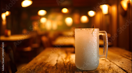 hops. A frosted beer mug with condensation droplets resting on a rustic wooden table in warm pub lighting. bar promotions, beverage menus, designed for food & beverage menus and cafe branding.