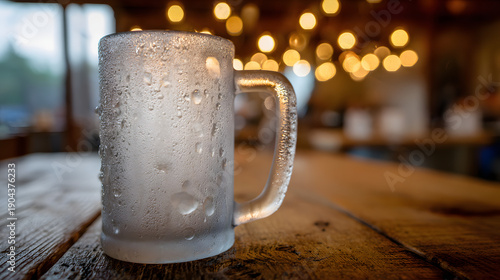 hops. A frosted beer mug with condensation droplets resting on a rustic wooden table in warm pub lighting. bar promotions, beverage menus, designed for food & beverage menus and cafe branding.