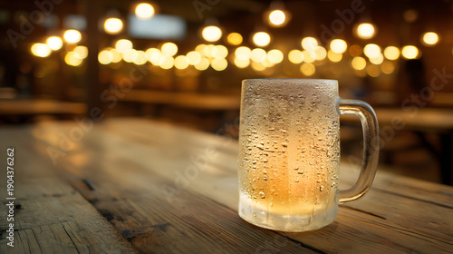 hops. A frosted beer mug with condensation droplets resting on a rustic wooden table in warm pub lighting. bar promotions, beverage menus, designed for food & beverage menus and cafe branding.