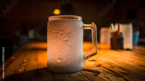 hops. A frosted beer mug with condensation droplets resting on a rustic wooden table in warm pub lighting. bar promotions, beverage menus, designed for food & beverage menus and cafe branding.