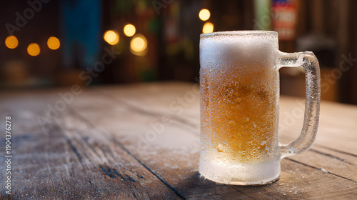hops. A frosted beer mug with condensation droplets resting on a rustic wooden table in warm pub lighting. bar promotions, beverage menus, designed for food & beverage menus and cafe branding.