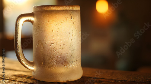 hops. A frosted beer mug with condensation droplets resting on a rustic wooden table in warm pub lighting. bar promotions, beverage menus, designed for food & beverage menus and cafe branding.