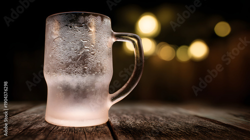 hops. A frosted beer mug with condensation droplets resting on a rustic wooden table in warm pub lighting. bar promotions, beverage menus, designed for food & beverage menus and cafe branding.