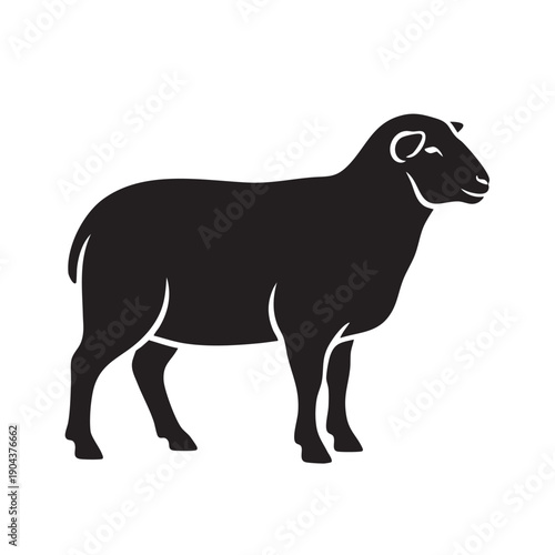 Minimalist black silhouette of a sheep standing in profile, isolated on a white background. Ideal for themes of nature, wool, or farming.