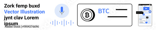 Cryptocurrency exchange, blockchain technology, voice commands, payment systems, digital wallets, fintech solutions. Visual elements include Bitcoin icon, microphone, and app interface