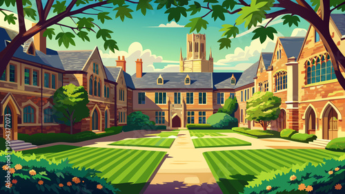 Very beautiful sunlit view of Branford College courtyard at Yale University, showcasing harmonious stone architecture, green lawns, and the peaceful rhythm of Ivy League campus life.