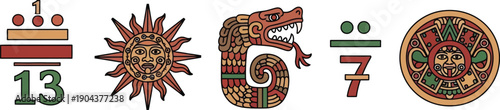 Mayan calendar glyphs and numerical notations featuring a feathered serpent and sun symbols in earthy tones.