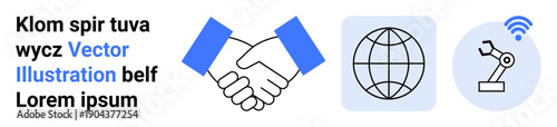 Business partnerships, global connectivity, automation, wireless technology, industrial innovation, digital communication. Handshake, globe robotic arm with wireless icon. Business partnerships