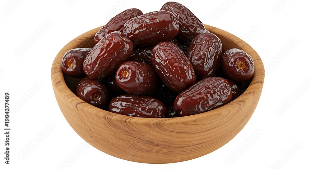 Obraz premium Wooden bowl filled with dark brown dates food fruit