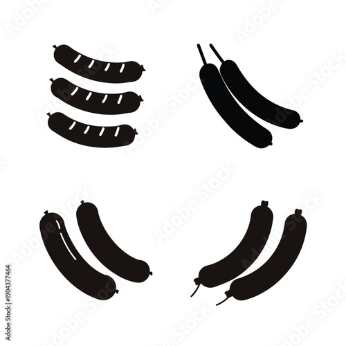 Black and white illustration of various grilled sausages and bananas