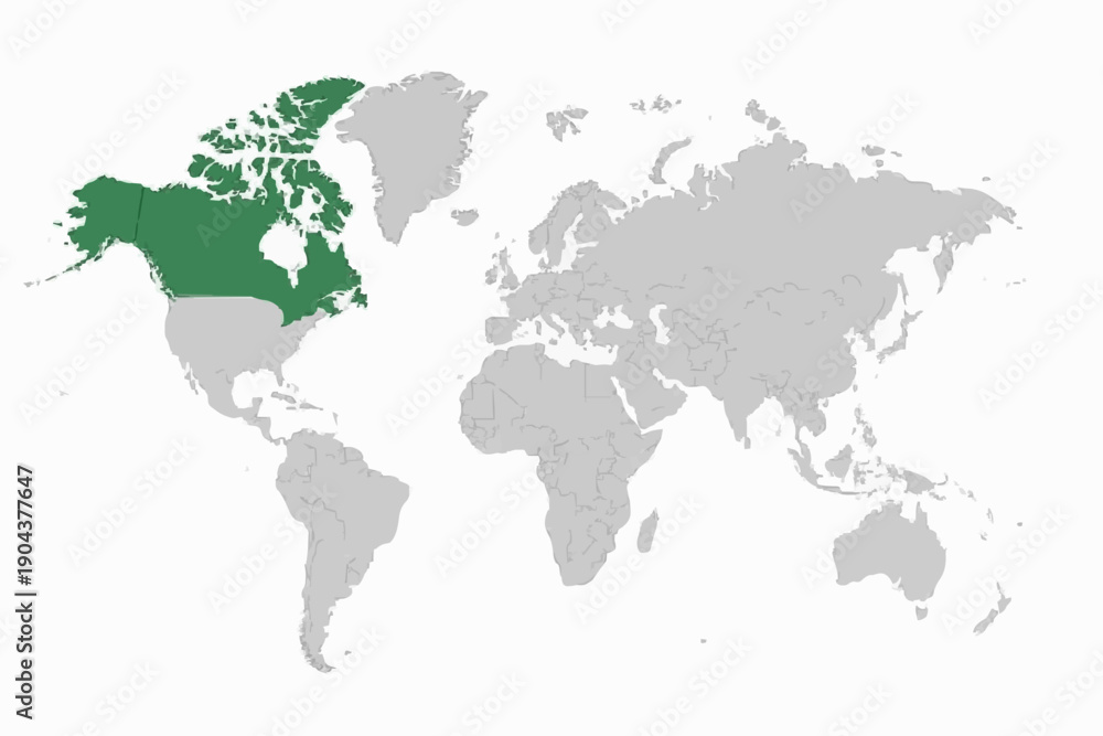 Fototapeta premium Full 2D World Map Vector with Canada Highlighted in Red - Minimalist North America Infographic