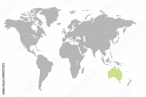Full 2D World Map Vector with Australia Highlighted in green - Professional Oceania Geography Design
