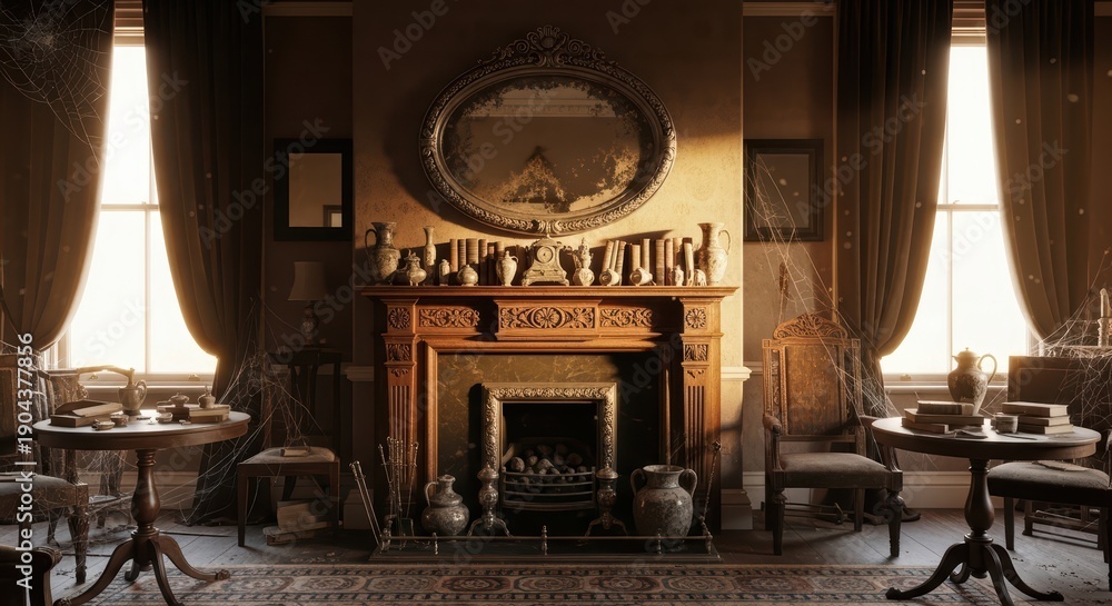 Fototapeta premium Victorian-era living room with ornate fireplace, vintage furniture, cobwebs, dusty books, and antique decor in warm sunlit atmosphere