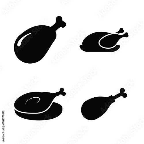 Four distinct black silhouettes of cooked meats and poultry on a plain background