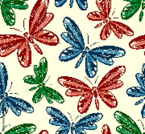 A seamless pixel background with color butterflies.