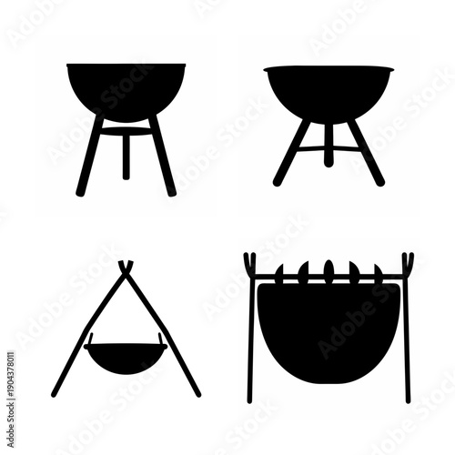 Four distinct types of outdoor cooking equipment depicted in simple black and white illustrations