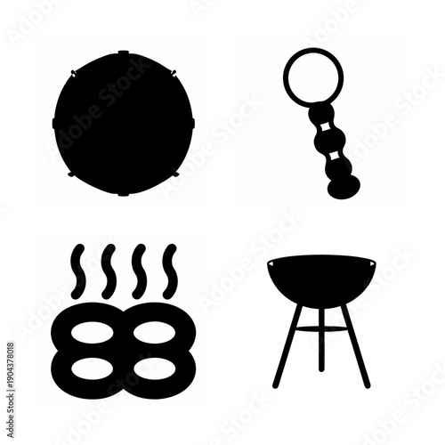 Four icons representing camping and outdoor cooking essentials