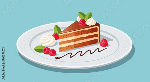 Delicious Chocolate Cake Slice with Raspberries and Whipped Cream on White Plate