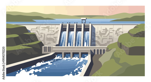 Hydroelectric Dam with Flowing Water and Green Hills, Renewable Energy Production