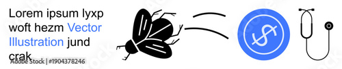 Financial decisions, healthcare policies, cost management, medical advice, economic health, budgeting. A black fly, a currency symbol and a stethoscope. Financial decisions and healthcare policies