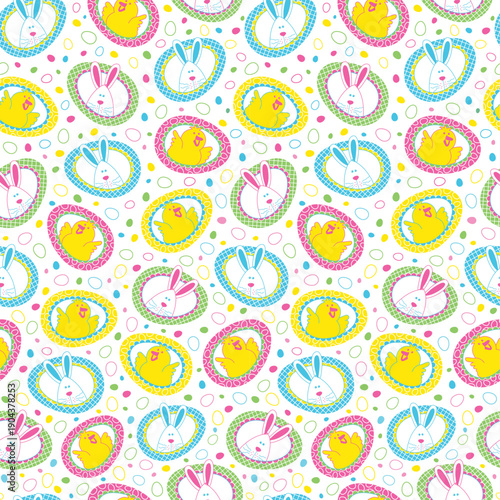 Seamless Easter Eggs With Chic And Bunny On White Background