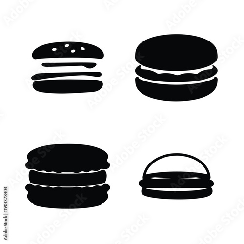 Four stylized black and white representations of stacked food items resembling burgers and sandwiches