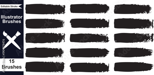 Vector Illustrator Brushes, 15 textured brush strokes, strokes or brush marks for mockup or design overlay, isolated on transparent background, png