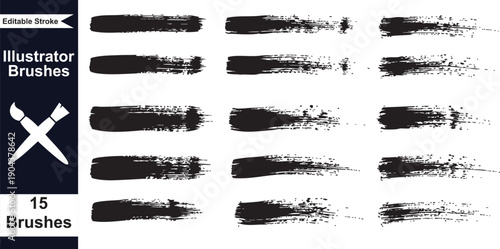 15 Black Brush Strokes Illustrator Brushes, Distressed Ink Strokes for Graphic Design, Mockup or Overlay Effect, Isolated on Transparent Background, PNG