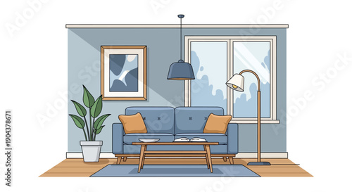 Minimalist Modern Living Room Interior with Sofa, Coffee Table, and Floor Lamp in Bright Studio