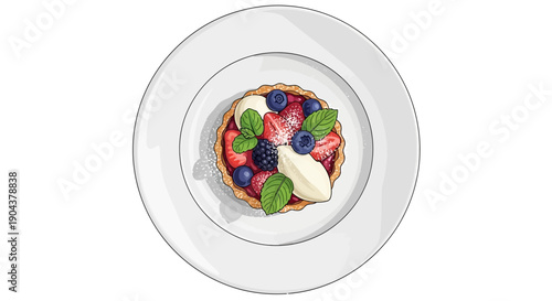 Delicious berry tart with whipped cream and fresh berries served on a white plate on an isolated white background.